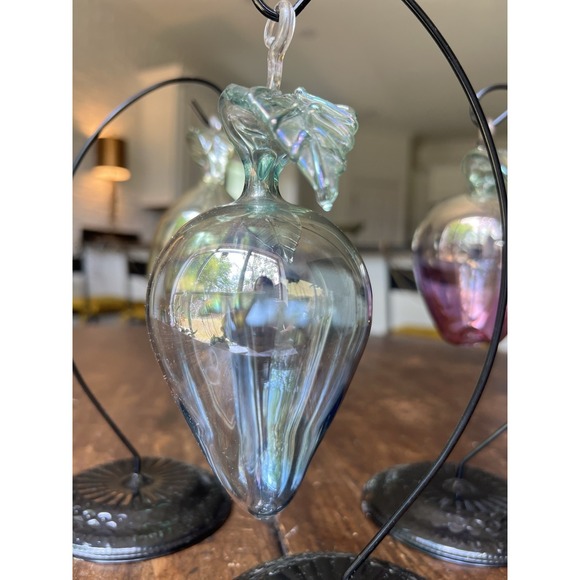 SET of 3 Vintage Italian Artisan HAND BLOWN GLASS Fruit Ornaments + Stands - Picture 6 of 16